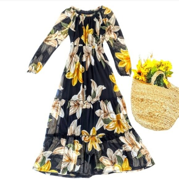 Kate & Lily Women's Maxi Dress Size 4 Navy Blue Long Sleeves Floral Sheer Lined - Picture 1 of 14